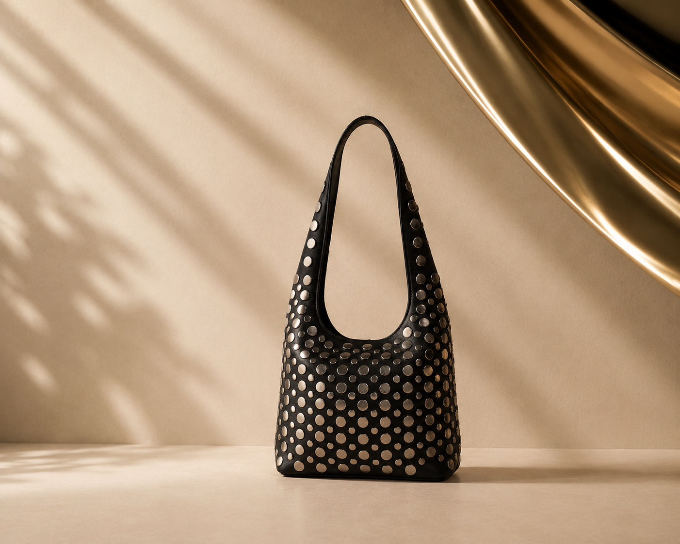 Luxury Studded Shoulder Bag – Oversized Black Leather Tote