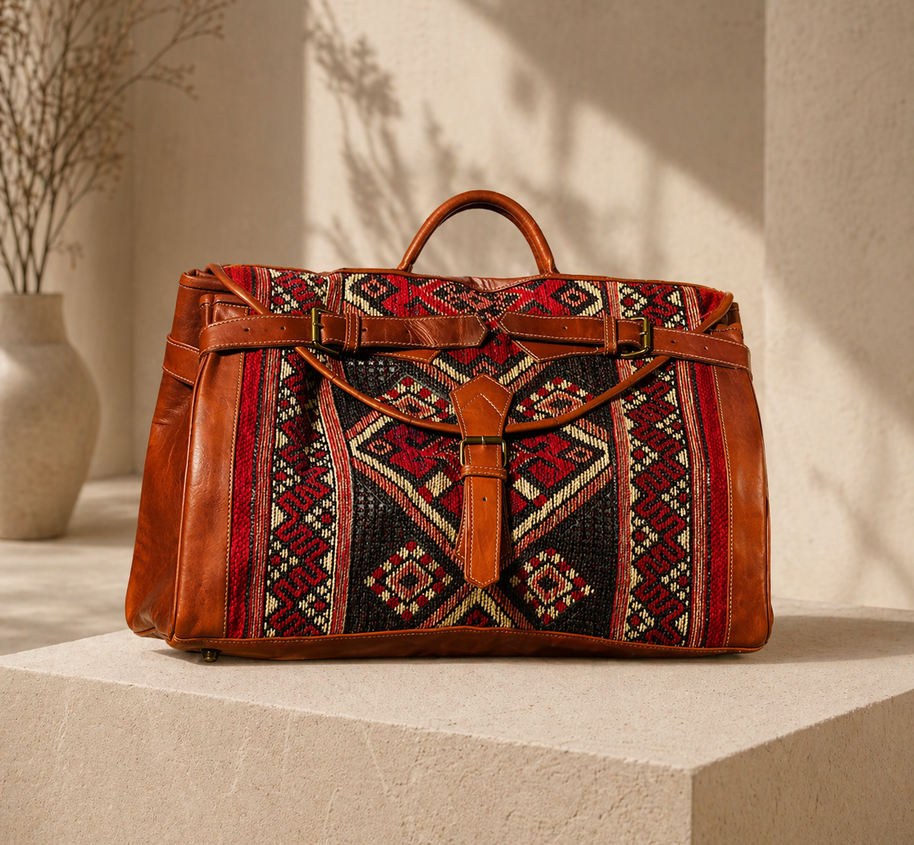Handmade Moroccan Leather Kilim Bag – Vintage Boho Travel Duffel – Authentic Berber Style Weekender Bag