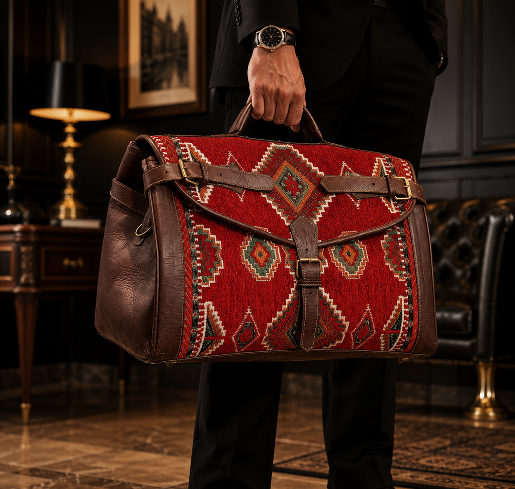 Handmade Moroccan Kilim Leather Travel Bag – Luxury Weekender Duffel Bag for Men & Women