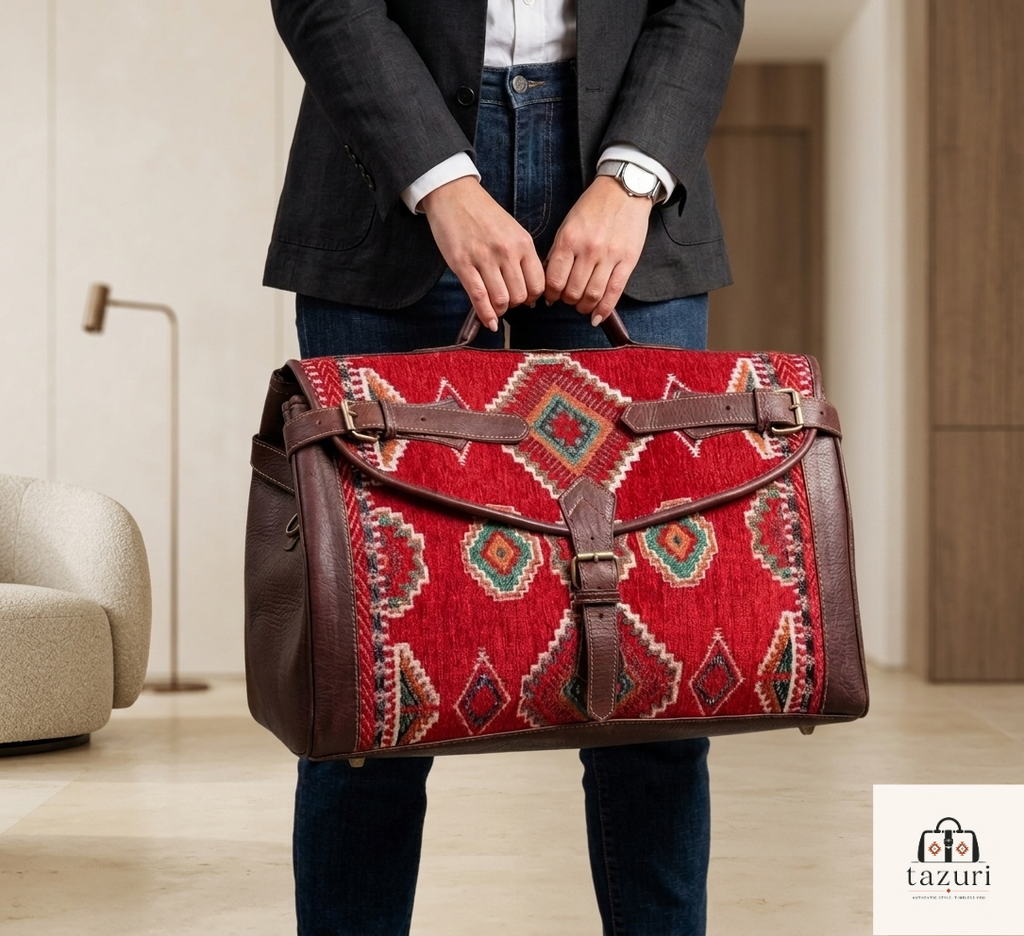 Handmade Moroccan Kilim Leather Travel Bag – Luxury Weekender Duffel Bag for Men & Women